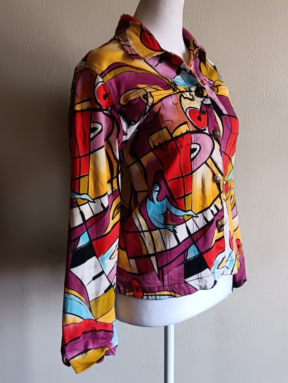 Y2K 90s Vibrant Abstract Multicolor Artsy Button Up Jacket Mirror Image Small - Picture 3 of 12